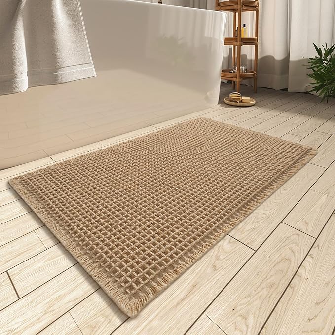 Waffle Bath Mat, Super Absorbent Non Slip Bath Mats for Bathroom Floor, Machine Washable Bathroom Rugs with Tassels, Rubber Backed Bathroom Mats, Ultra Soft, 17" x 24", Brown