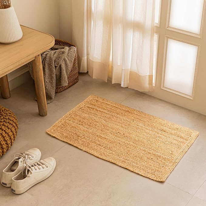 Natural Handcrafted Woven Jute Rug 2'x3' - Rustic Vintage Braided Reversible Farmhouse Indoor Floor Rug - Eco Friendly for Entryway, Kitchen Living Room, Bedroom