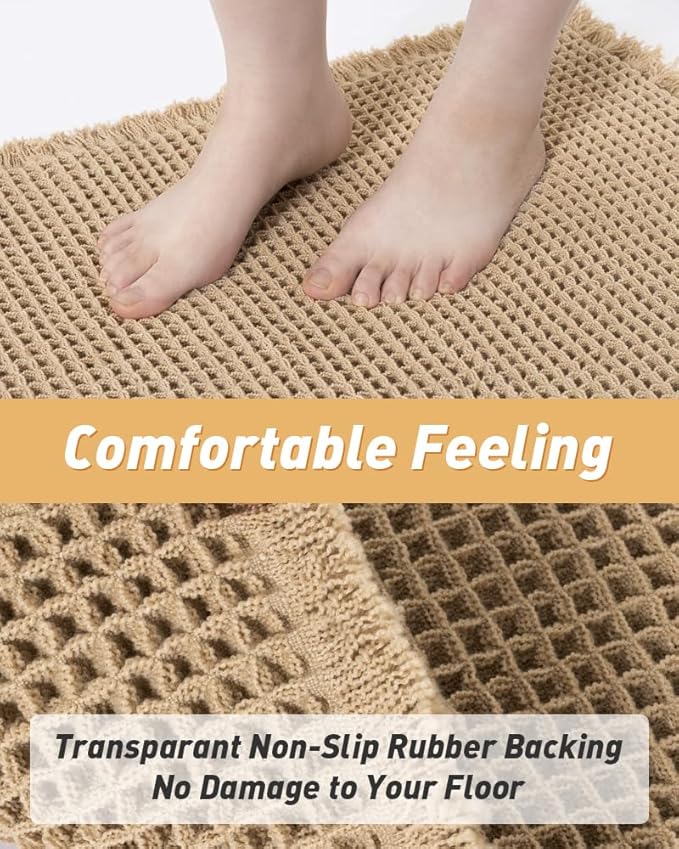 Waffle Bath Mat, Super Absorbent Non Slip Bath Mats for Bathroom Floor, Machine Washable Bathroom Rugs with Tassels, Rubber Backed Bathroom Mats, Ultra Soft, 17" x 24", Brown