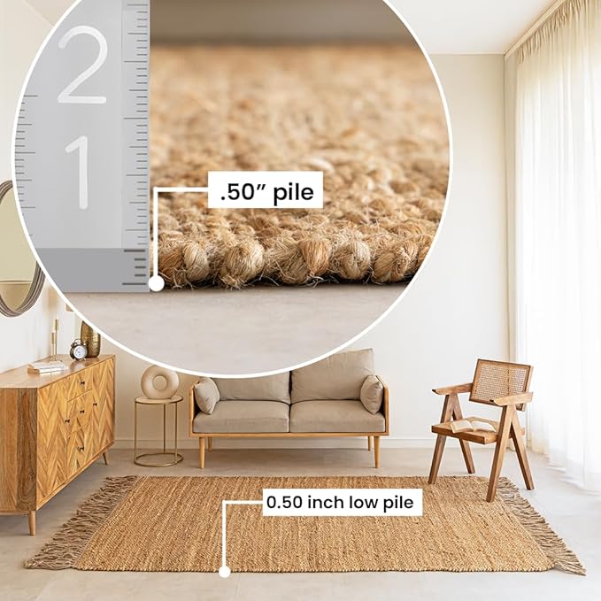 Handwoven Chunky Jute Rug with Tassels 2'x3' - Boho Home Decor Natural Rustic Farmhouse Area Rug, Ideal for High Traffic Areas - Entryway, Bedroom, Kitchen, Living Room and Hallway