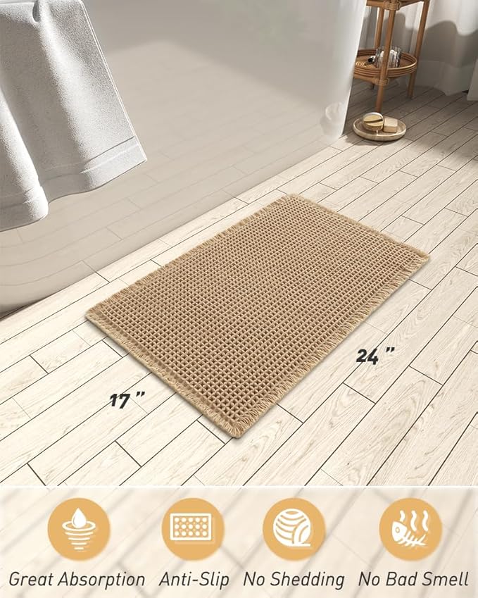 Waffle Bath Mat, Super Absorbent Non Slip Bath Mats for Bathroom Floor, Machine Washable Bathroom Rugs with Tassels, Rubber Backed Bathroom Mats, Ultra Soft, 17" x 24", Brown