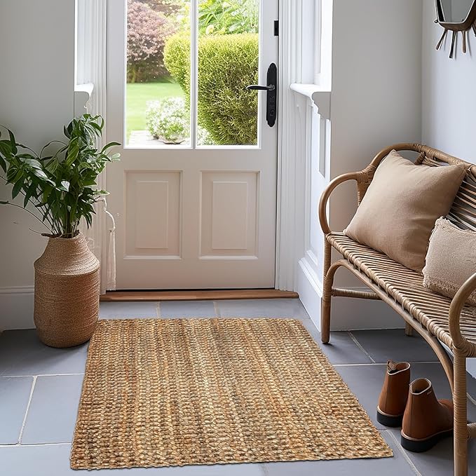 Jute Handspun Area Rug - Premium Jute Handwoven Reversible Chunky Textured Tan Beige Neutral Throw Accent Rug Carpet - Rustic Farmhouse Living Room Bedroom Den Study Décor -24" x 36" Natural