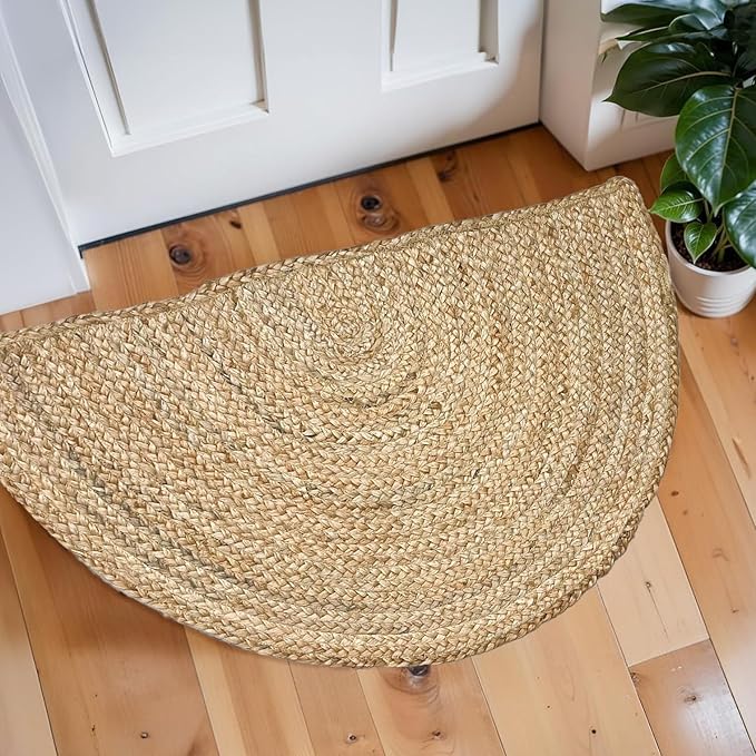 Hand Woven Natural Jute Braided Rug -18x30 Inch Half Round | Vintage Boho Reversible Doormat for Entryway, Front Door | Farmhouse Natural Fiber Rugs for Bedroom, Kitchen, Living Room