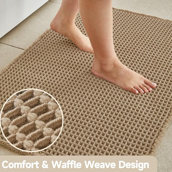 Waffle Bath Mat, Boho Bathroom Rugs Non Slip Washable Super Absorbent Quick Dry Farmhouse Bathroom Decor, 30"x20" Khaki