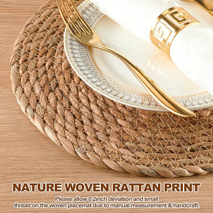 Round Woven Placemats - Boho Rattan Placemats Natural Water Hyacinth Placemat, Farmhouse Weave Place Mats, Rustic Braided Wicker Table Mats for Dining Table,Home,Wedding (12 inch Set of 8)