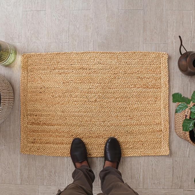 Natural Handcrafted Woven Jute Rug 2'x3' - Rustic Vintage Braided Reversible Farmhouse Indoor Floor Rug - Eco Friendly for Entryway, Kitchen Living Room, Bedroom