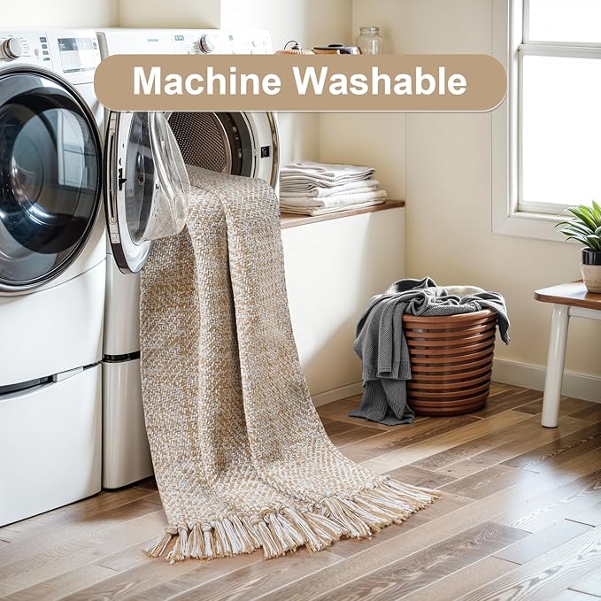 Small Bathroom Rug, 2' x 3' Hand-Woven Low Profile Front Entryway Rug, Tan Cotton Reversible Washable Kitchen Mat Modern Farmhouse Carpet for Foyer Bedroom Back Door Decor