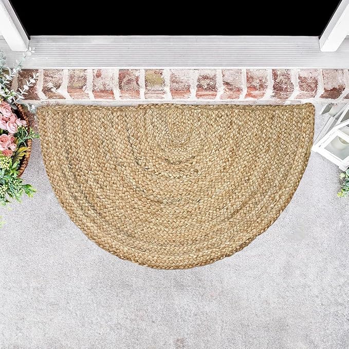 Hand Woven Natural Jute Braided Rug -18x30 Inch Half Round | Vintage Boho Reversible Doormat for Entryway, Front Door | Farmhouse Natural Fiber Rugs for Bedroom, Kitchen, Living Room