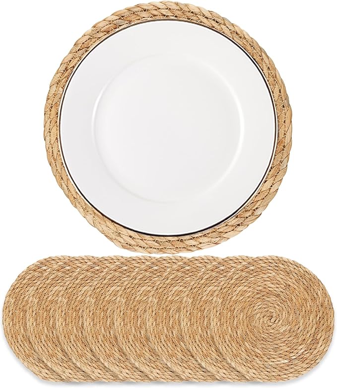 Round Woven Placemats - Boho Rattan Placemats Natural Water Hyacinth Placemat, Farmhouse Weave Place Mats, Rustic Braided Wicker Table Mats for Dining Table,Home,Wedding (12 inch Set of 8)