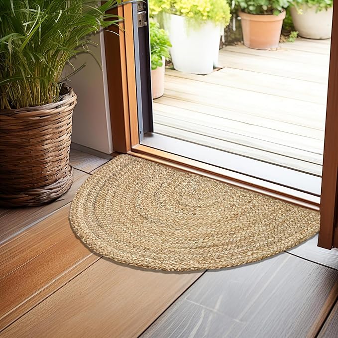 Hand Woven Natural Jute Braided Rug -18x30 Inch Half Round | Vintage Boho Reversible Doormat for Entryway, Front Door | Farmhouse Natural Fiber Rugs for Bedroom, Kitchen, Living Room