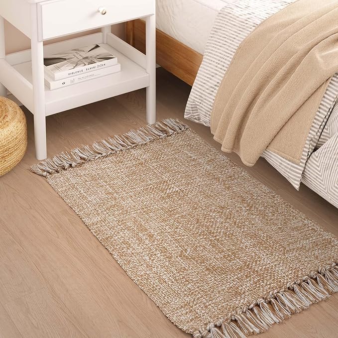 Small Bathroom Rug, 2' x 3' Hand-Woven Low Profile Front Entryway Rug, Tan Cotton Reversible Washable Kitchen Mat Modern Farmhouse Carpet for Foyer Bedroom Back Door Decor