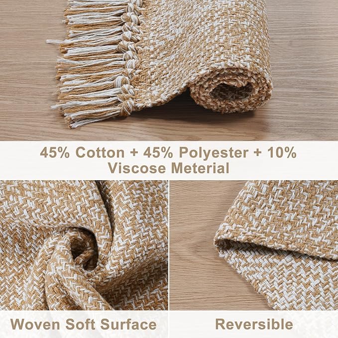 Small Bathroom Rug, 2' x 3' Hand-Woven Low Profile Front Entryway Rug, Tan Cotton Reversible Washable Kitchen Mat Modern Farmhouse Carpet for Foyer Bedroom Back Door Decor