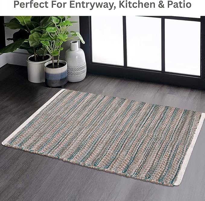 Hand Woven Jute Rug 2'x3' - Teal, Reversible Boho Entry Area Rugs for Kitchen, Living Room, Patio Door Mat | Farmhouse Indoor Outdoor Decorative Rustic Rug - 24x36 Inch