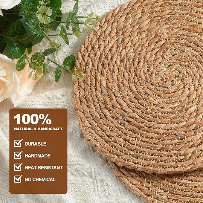 Round Woven Placemats - Boho Rattan Placemats Natural Water Hyacinth Placemat, Farmhouse Weave Place Mats, Rustic Braided Wicker Table Mats for Dining Table,Home,Wedding (12 inch Set of 8)