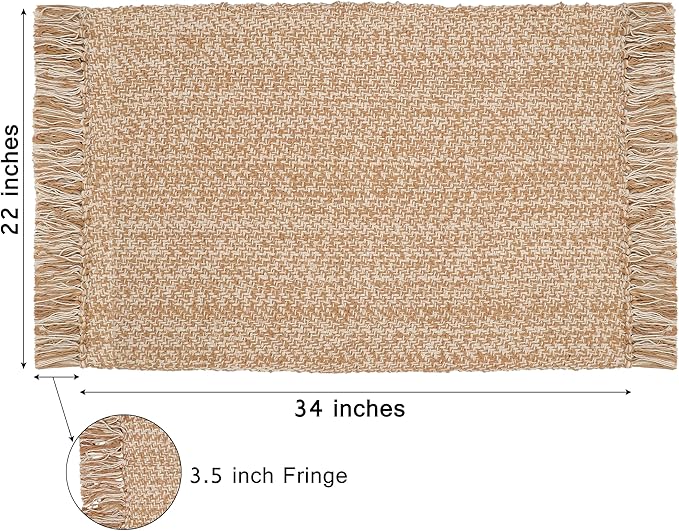 Woven Area Rug - Reversible Boho Farmhouse Rustic Cotton Throw Rug Carpet with Fringe - Machine Washable Accent Mat for Bedroom Living Room Entryway Bathroom Dorm - 22x34 - Tan Natural