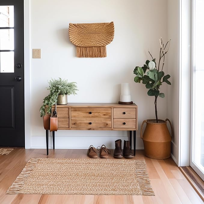 Woven Area Rug - Reversible Boho Farmhouse Rustic Cotton Throw Rug Carpet with Fringe - Machine Washable Accent Mat for Bedroom Living Room Entryway Bathroom Dorm - 22x34 - Tan Natural