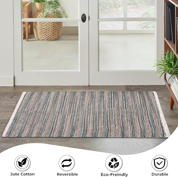 Hand Woven Jute Rug 2'x3' - Teal, Reversible Boho Entry Area Rugs for Kitchen, Living Room, Patio Door Mat | Farmhouse Indoor Outdoor Decorative Rustic Rug - 24x36 Inch