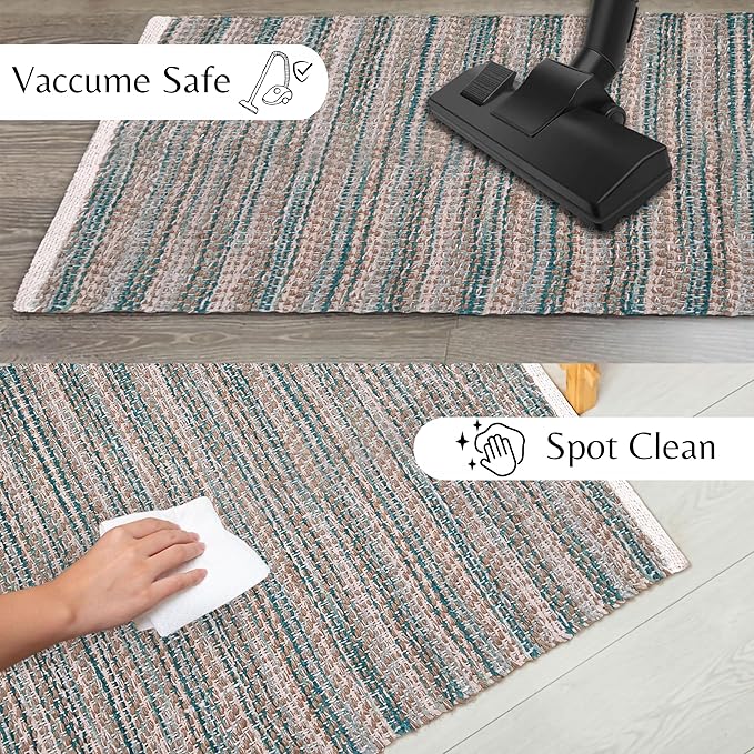 Hand Woven Jute Rug 2'x3' - Teal, Reversible Boho Entry Area Rugs for Kitchen, Living Room, Patio Door Mat | Farmhouse Indoor Outdoor Decorative Rustic Rug - 24x36 Inch