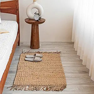 Handwoven Chunky Jute Rug with Tassels 2'x3' - Boho Home Decor Natural Rustic Farmhouse Area Rug, Ideal for High Traffic Areas - Entryway, Bedroom, Kitchen, Living Room and Hallway
